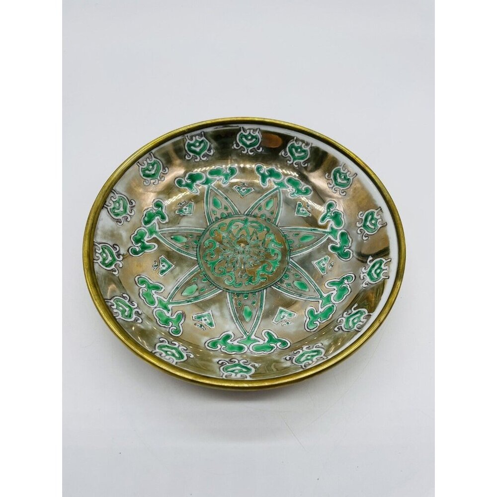 Vintage Brass Bowl 7.5” Green Enamel Tree of Life Hong Kong